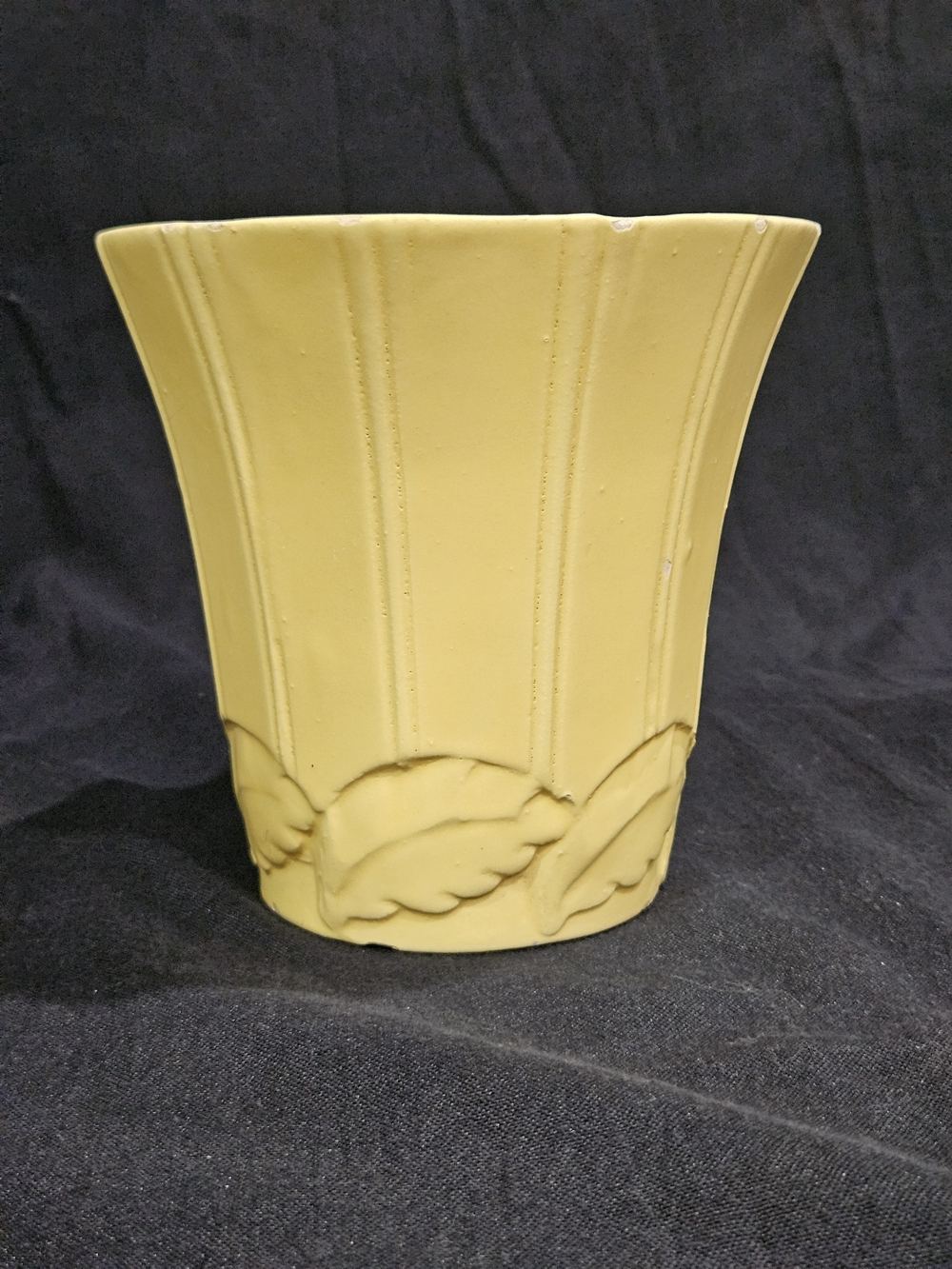 Vintage Haeger Pottery Yellow Fluted Vase 3083 Art Deco Embossed Leaf 6" MCM
